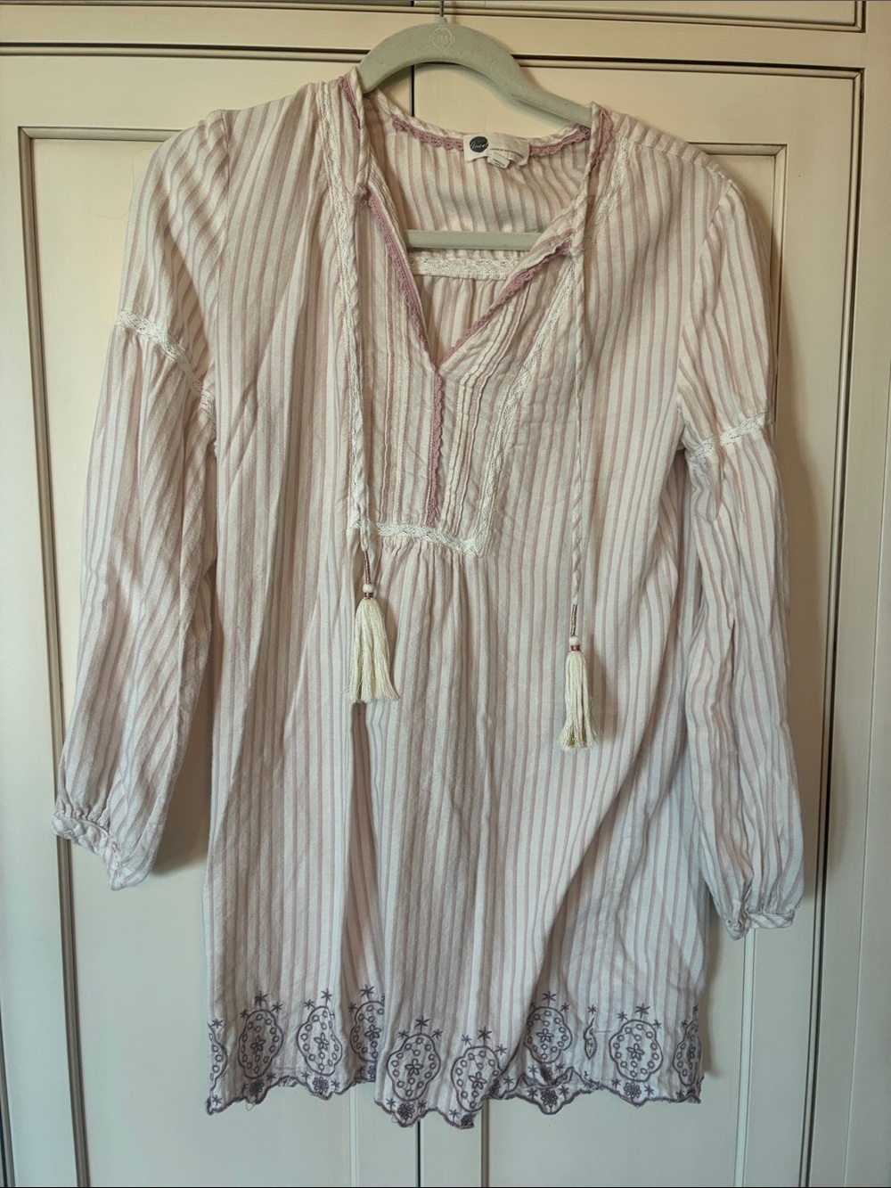 Striped Tassel Tunic Top in Light Pink and White